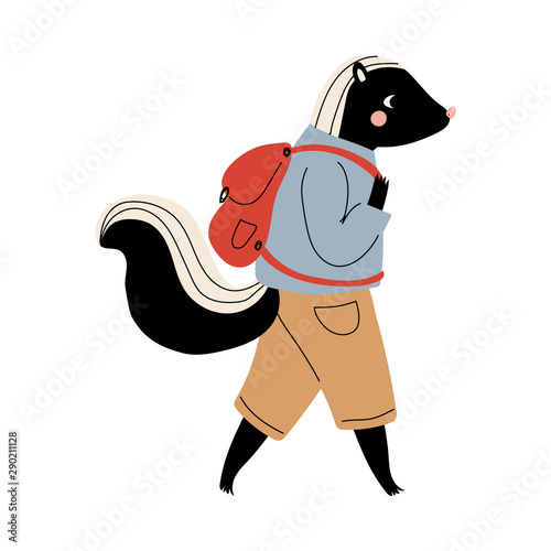 Skunk Walking with Backpack, Funny Humanized Animal Cartoon Character Travelling on Vacation Vector Illustration
