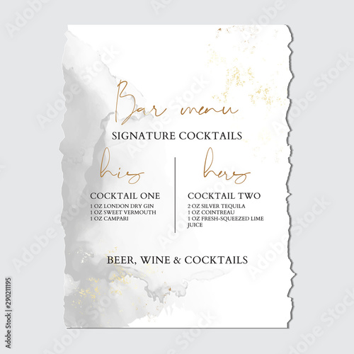 Wedding grey liguid ink, greeting invitation card with Luxury gold foil, marble texture background and Abstract flow bar menu style vector design template