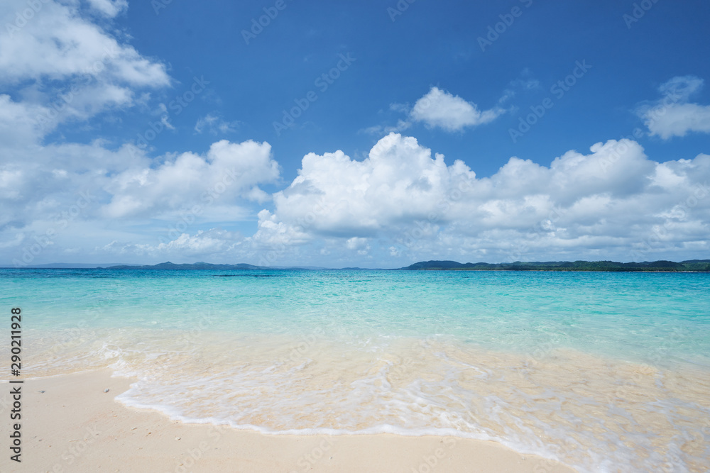 Beautiful seascape. Sandy beach with blue clear water.