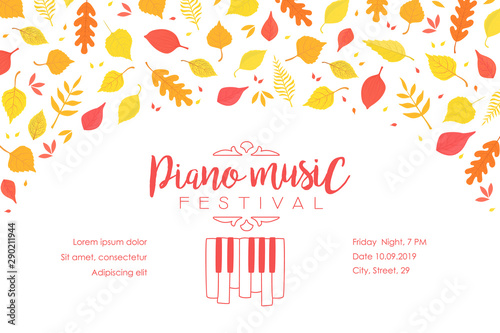 Piano Music Festival Banner Template with Autumn Leaves, Music Show Promotion Advertisement Vector Illustration