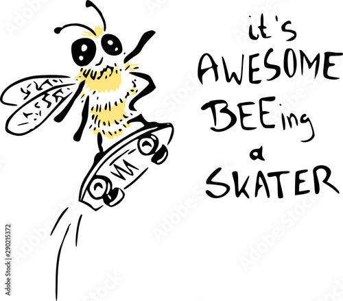 Bee skater illustration - vector drawing of a bee on a skateboard