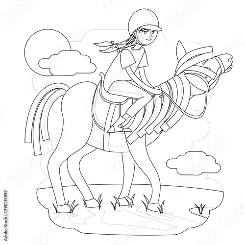 contour illustration for children with a picture of a girl riding a horse, a book for coloring