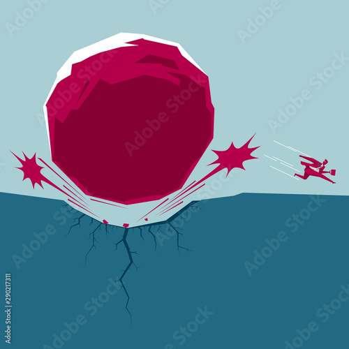 The businessman fled the danger. Isolated on blue background.