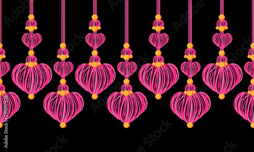 Vector seamless border pattern. Horizontal tassels with hearts from yarn or tread with beads, ropes. Pink, rose colors on black background. Wedding, Valentine day, love theme design for headers, cards