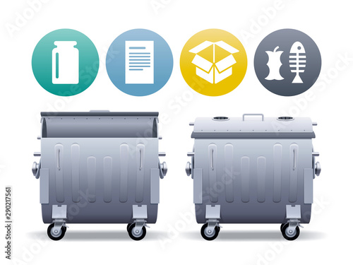 Two large metal street containers in open and closed forms for separate collection of garbage with waste types icons.