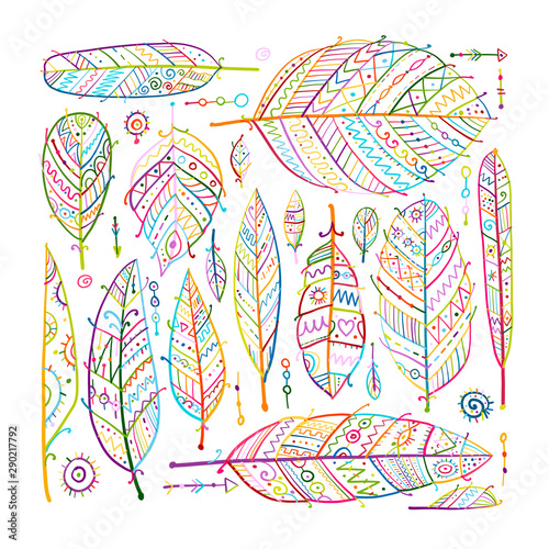 Art feathers collection, ornate sketch for your design