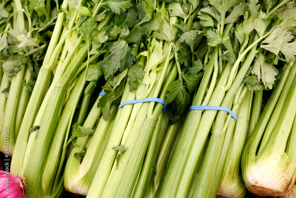 Several stalks of celery on display at a local farmers market. Several stalks of celery on display at a local farmers market.