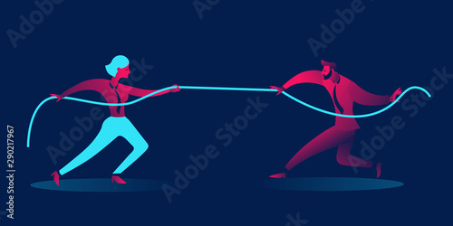 Man vs Woman, gender war. feminism, gender equality. business concept in red and blue neon gradients