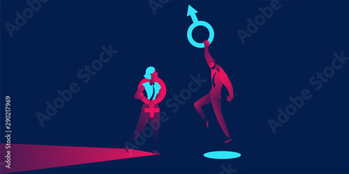 Sexism or gender discrimination  wage gap. business concept in red and blue neon gradients