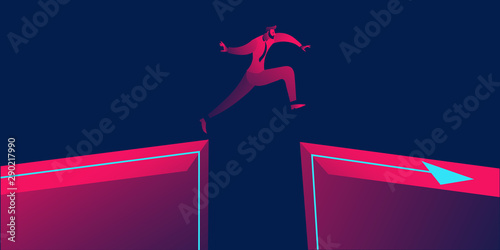 Man jump through the gap between hill.man jumping over cliff . Business concept of courage, bravery, overcome risk. in red and blue neon gradients