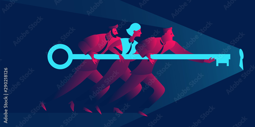 Team work business concept in red and blue neon gradients. Businessmen and businesswoman holding giant key to the keyhole - obrazy, fototapety, plakaty 
