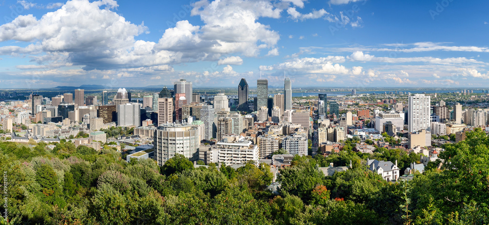 Panoramic view of Montreal skyline from the Mount Royal overlook.