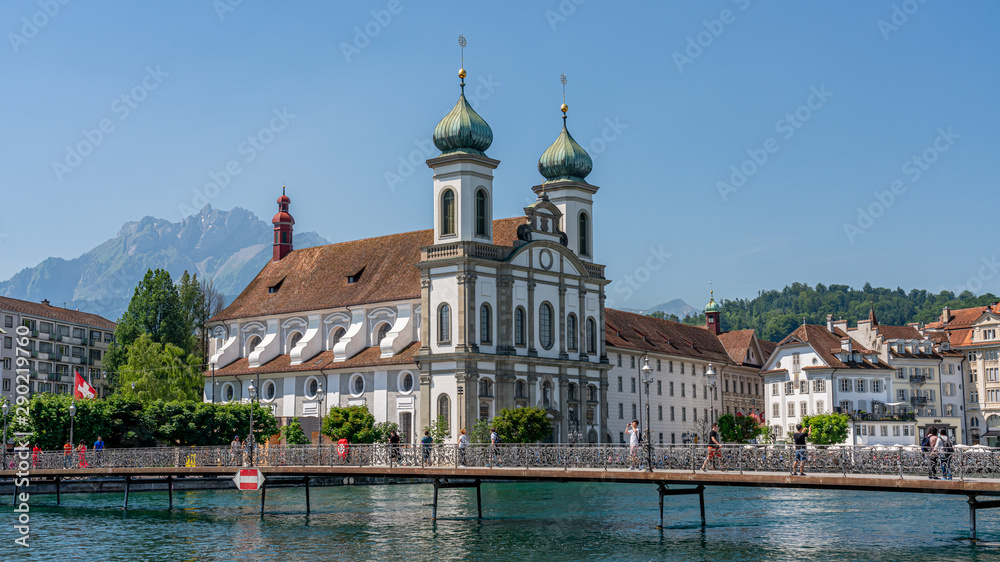 Scenic panorama view on city Lucerne, old town and river