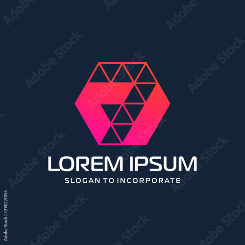 Number 7 seven and hexagon logo design. technology digital with colorful triangle. construction software concept- Vector