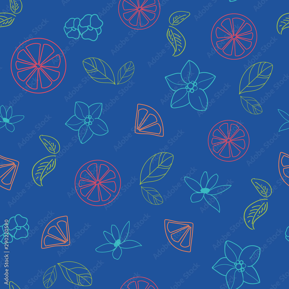 Vector orange blossom seamless pattern with green, red, turquoise flowers, leaves, orange slices, blue background. Perfect for fabric, scrapbooking, wallpaper projects.