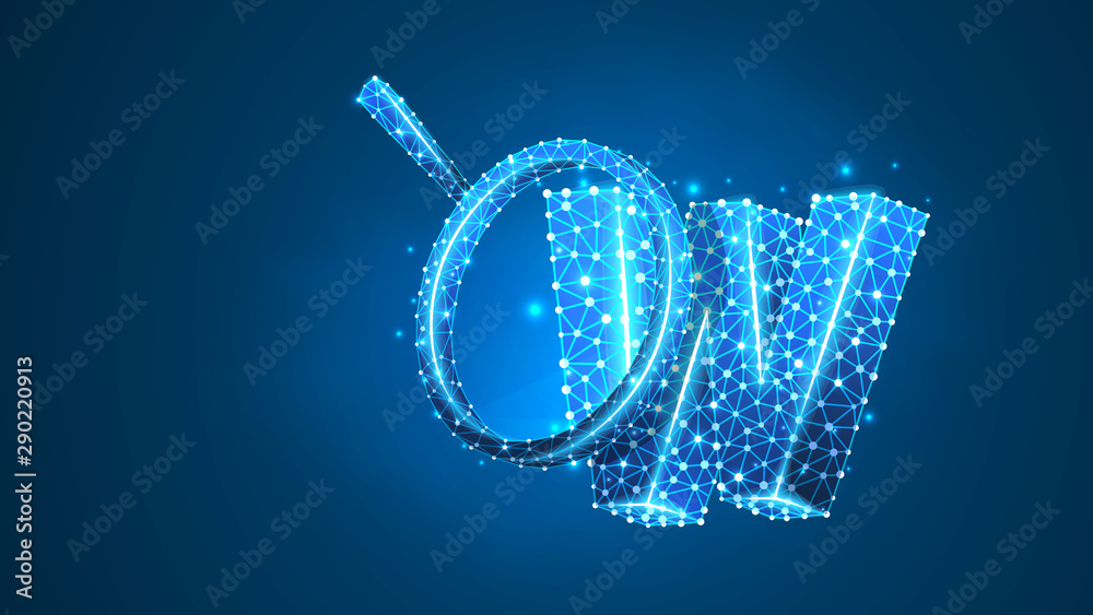 Magnifying glass analys of letter w. World wide web analysis, domain search, www, web address, website concept. Abstract, digital wireframe, low poly, mesh vector blue neon 3d illustration. Line dot Magnifying glass analys of letter w. World wide web analysis, domain search, www, web address, website concept. Abstract, digital wireframe, low poly, mesh vector blue neon 3d illustration. Line dot