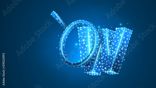 Magnifying glass analys of letter w. World wide web analysis, domain search, www, web address, website concept. Abstract, digital wireframe, low poly, mesh vector blue neon 3d illustration. Line dot