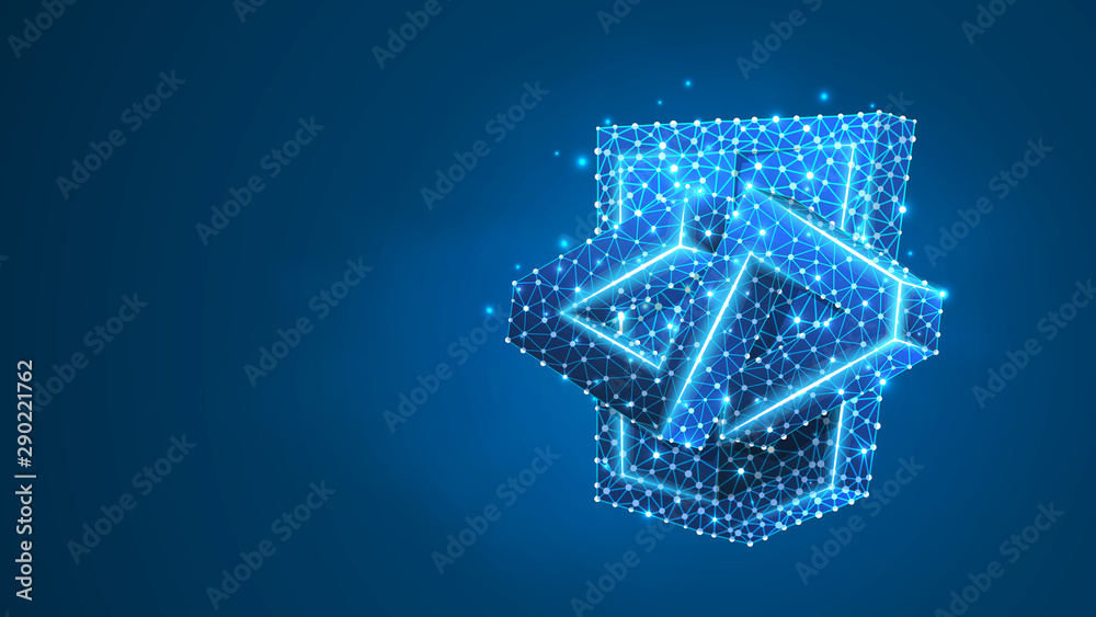HTML code Bracket model. Coding technology, software programming concept. Abstract, digital, wireframe, low poly mesh, Raster polygonal blue neon 3d illustration. Triangle, line, dot, star