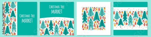 Cute set of Scandinavian Christmas Tree Market backgrounds with hand drawn Fir Trees and Christmas balls