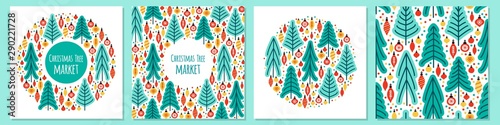 Cute set of Scandinavian Christmas Tree Market backgrounds with hand drawn Fir Trees and Christmas balls