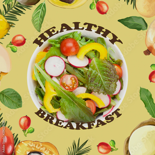 fresh vegetable salad with tomatoes,cucumbers and other fruits in white bowl 