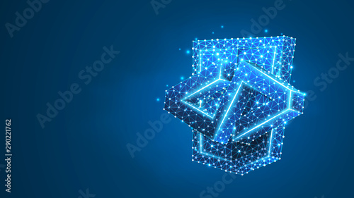 HTML code Bracket model. Coding technology, software programming concept. Abstract, digital, wireframe, low poly mesh, Raster polygonal blue neon 3d illustration. Triangle, line, dot, star