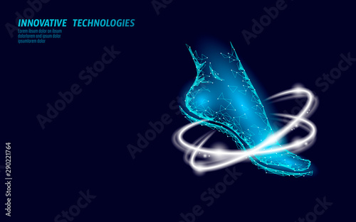 Shoes technology science fitness flexibility. Human woman fitness foot glowing rings. Low poly futuristic polygonal sport footwear design. Vector illustration blue