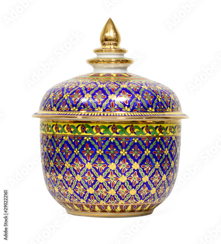 Thai porcelain benjarong ceramic jar with lid. Benjarong ware is a kind of painted Thai ceramics porcelain, isolated on white with clipping path