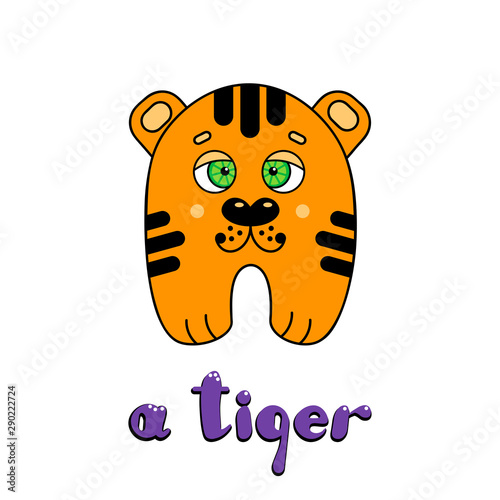 Cute cartoon little tiger cub with the inscription: I am a tiger. Vector cartoon style illustration of a cute tiger, isolated on white background. Little tiger text.