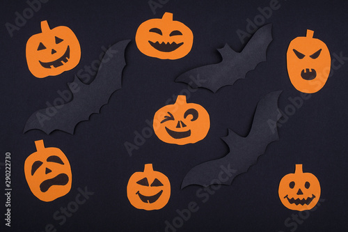 Greetind card for Halloween Party from pumpkins and bats.