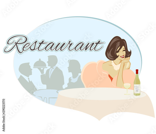 Restaurant scene. Lady sitting at a restaurant table with wine. Flat style vector image. 