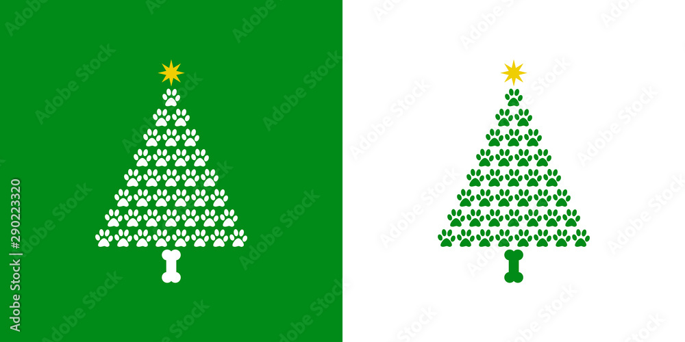 Logotipo con árbol abstracto con patrón de huellas de gato en verde y blanco