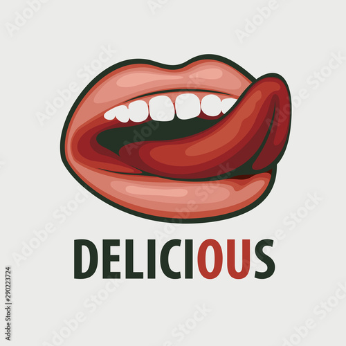 Vector illustration with sexy female mouth and inscription Delicious. Sensual lips, licking mouth with tongue. Full lips, tongue and teeth of a young girl or woman. T-shirt design