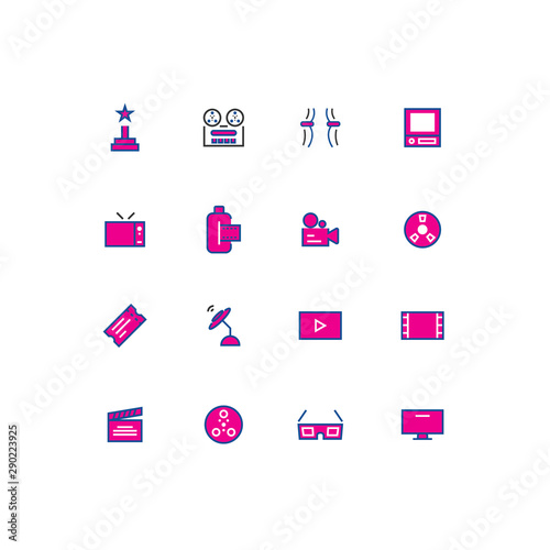 Cinema color line icons in linear style. Flat cover design on white backdrop.