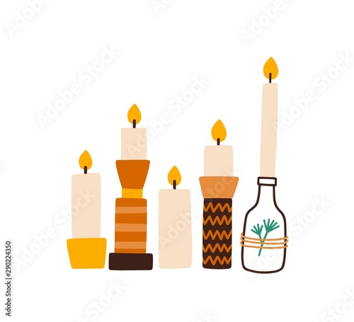 Candles in creative holders flat vector illustration