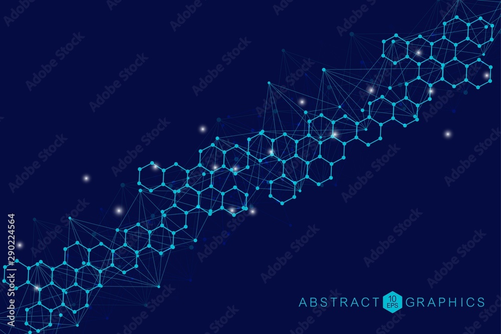 Obraz premium Modern futuristic background of the scientific hexagonal pattern. Virtual abstract background with particle, molecule structure for medical, technology, chemistry, science. Social network vector