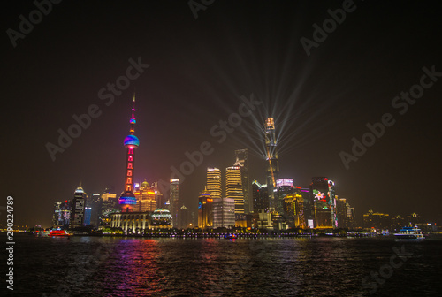A Beautiful night around the Bund area in Shanghai city   this viewpoint offers the best spot for watching the spectacular skyline of this massive city with the most famous shanghai tower.