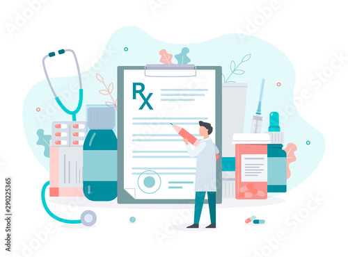 Male doctor writes medical prescription. Concept with pills, drugs and clipboard. Flat vector illustration. 