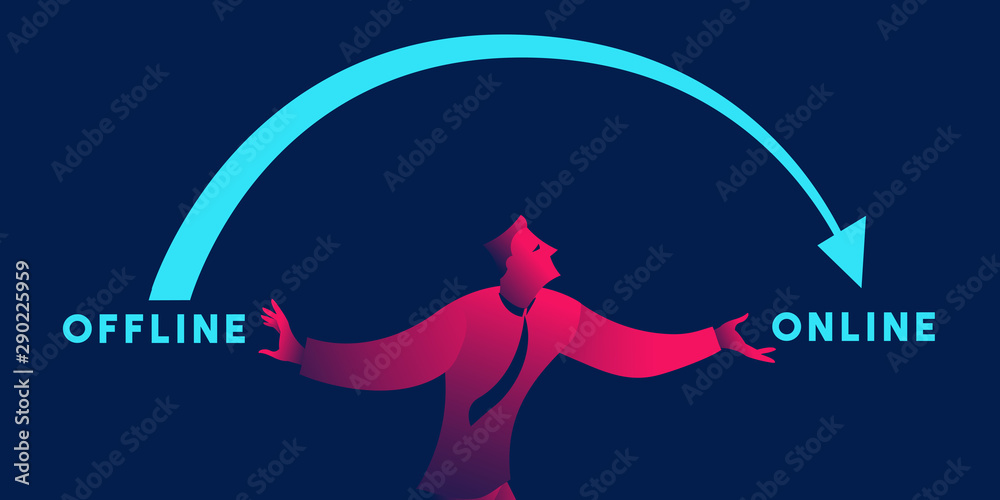 Offline to online business concept vector illustration in red and blue neon gradients