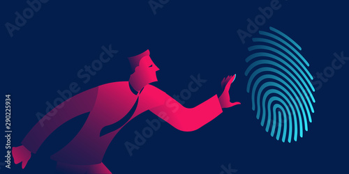 Fingerprint recognition, biometric authentication, identification business concept in red and blue neon gradients photo