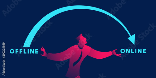 Offline to online business concept vector illustration in red and blue neon gradients