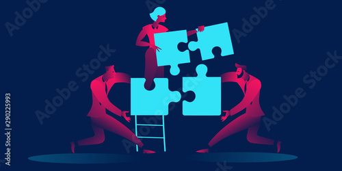 Team concept, people connecting puzzle elements in red and blue neon gradients. Symbol of teamwork, cooperation, partnership