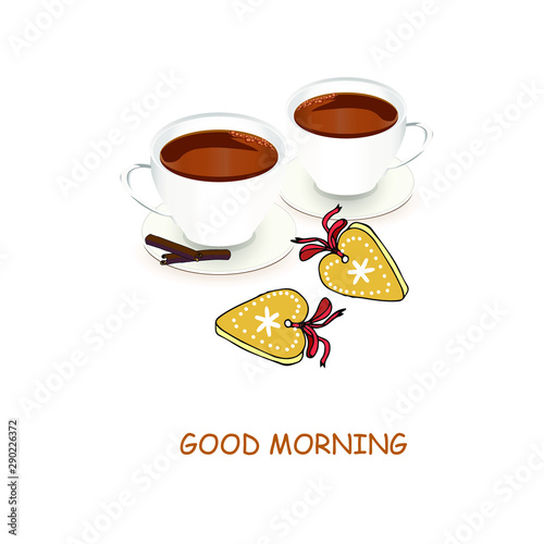 Two cup of coffee cookies Good morning banner. White cup yellow cookies on white art design elements stock vector illustration for web, for print, for restaurant menu, for caffe