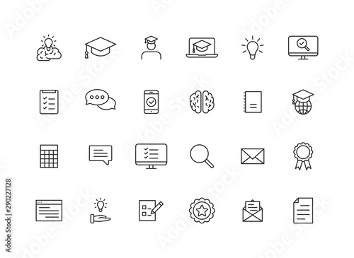 Set of 24 Education and Learning web icons in line style. School, university, textbook, learning. Vector illustration.