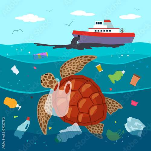 Ecological disaster on an oil tanker and the release of oil into the ocean against the background