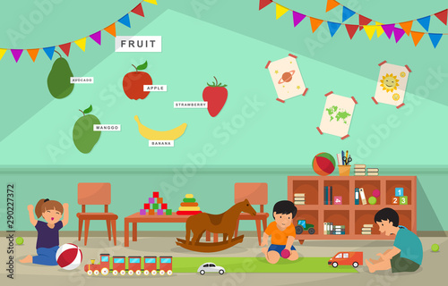 Kids Play Toys Kindergarten Classroom Interior Children School Furniture Vector Illustration