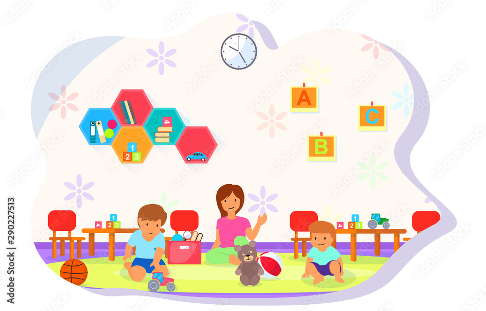 Kids Play Toys Kindergarten Classroom Interior Children School Furniture Vector Illustration