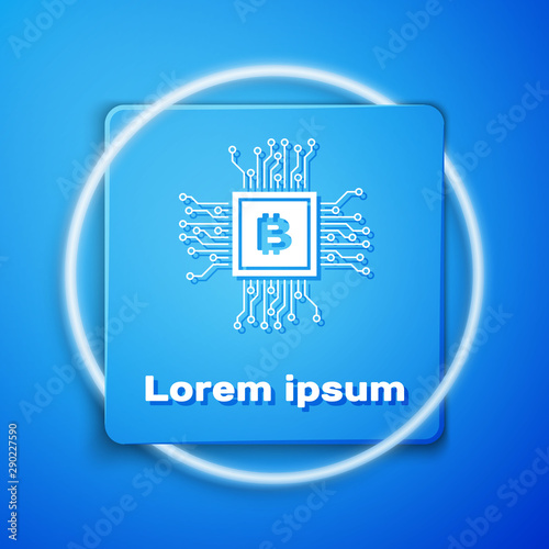 White CPU mining farm icon isolated on blue background. Bitcoin sign inside processor. Cryptocurrency mining community. Digital money. Blue square button. Vector Illustration