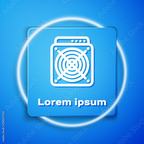 White ASIC Miner icon isolated on blue background. Cryptocurrency mining equipment and hardware. Application specific integrated circuit. Blue square button. Vector Illustration