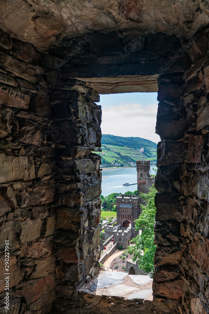 View of Reichenstein Castle on Rhine river